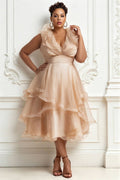 Wedding Guest Champagne V Neck Ruffle Tulle Midi Dresses