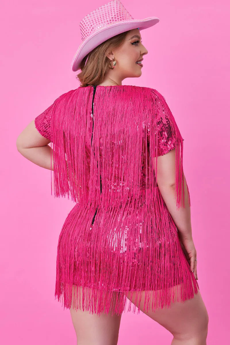 Hot Pink Party Short Sleeve Fringe Sequin Mini Dress