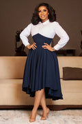 Pearl Decor Shirt Collar Long Sleeve Colorblock Midi Dresses-Navy [Pre Order]