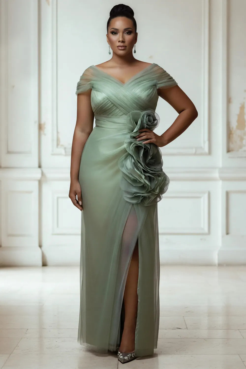 Mother Of The Bride Satin Sage Green Wrap Neck Short Sleeve 3D Split Tulle Maxi Dresses