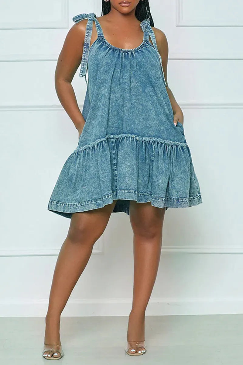 Ladies' Hot Selling Casual Denim Bow Loose Dress