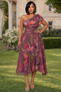 Floral Off Shoulder Cinch Waist Ruffle Hem Midi Dresses-Purple [Pre Order]