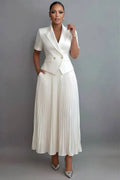 Chiffon White Turndown Collar Short Sleeve Pleated Pocket Satin Two Piece Skirt Sets