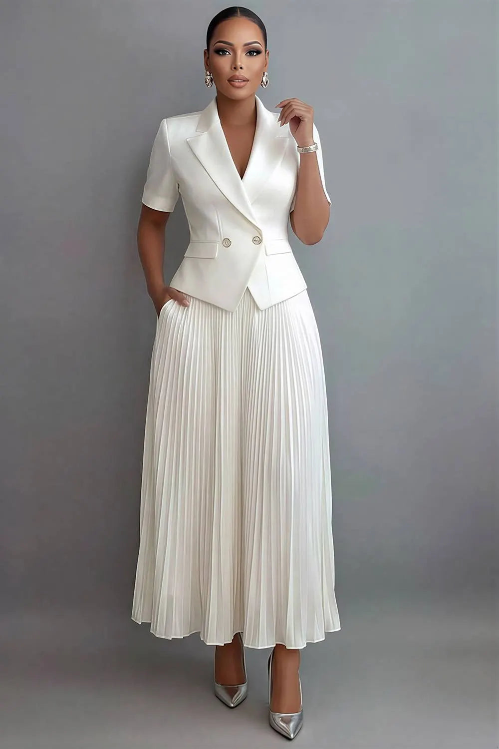 Chiffon White Turndown Collar Short Sleeve Pleated Pocket Satin Two Piece Skirt Sets
