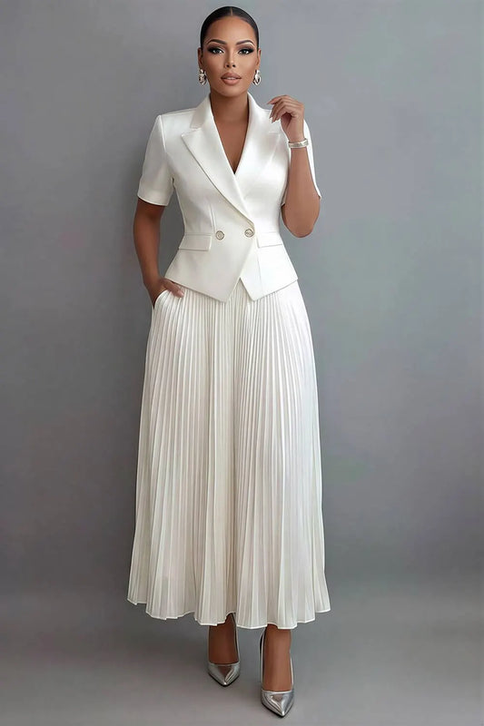 Chiffon White Turndown Collar Short Sleeve Pleated Pocket Satin Two Piece Skirt Sets