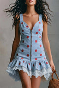 Women Summer Light Wash Polka Dot Sleeveless Lace Trim Irregular Denim Dress