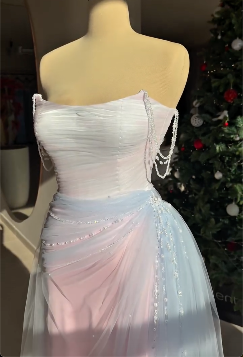 Pastel Ombre Tulle Maxi Dress with Beaded Strap Details & Lace-Up Back