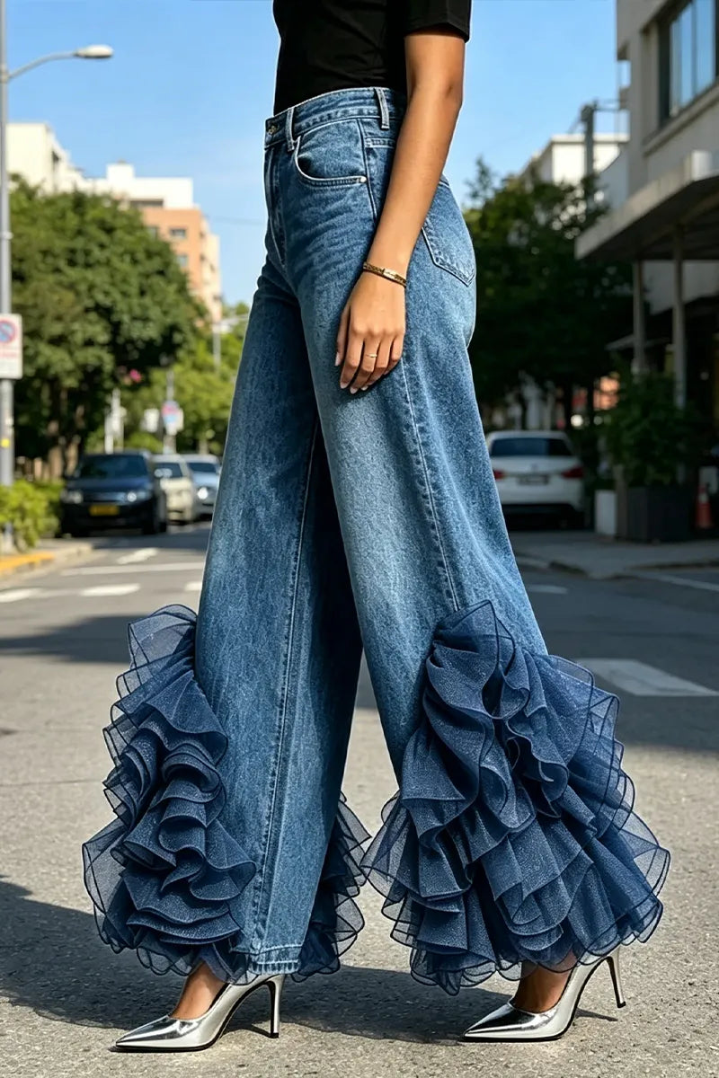 Women's Denim Washed Cascading Ruffles Trim Pocket High Waist Wide Leg Jeans