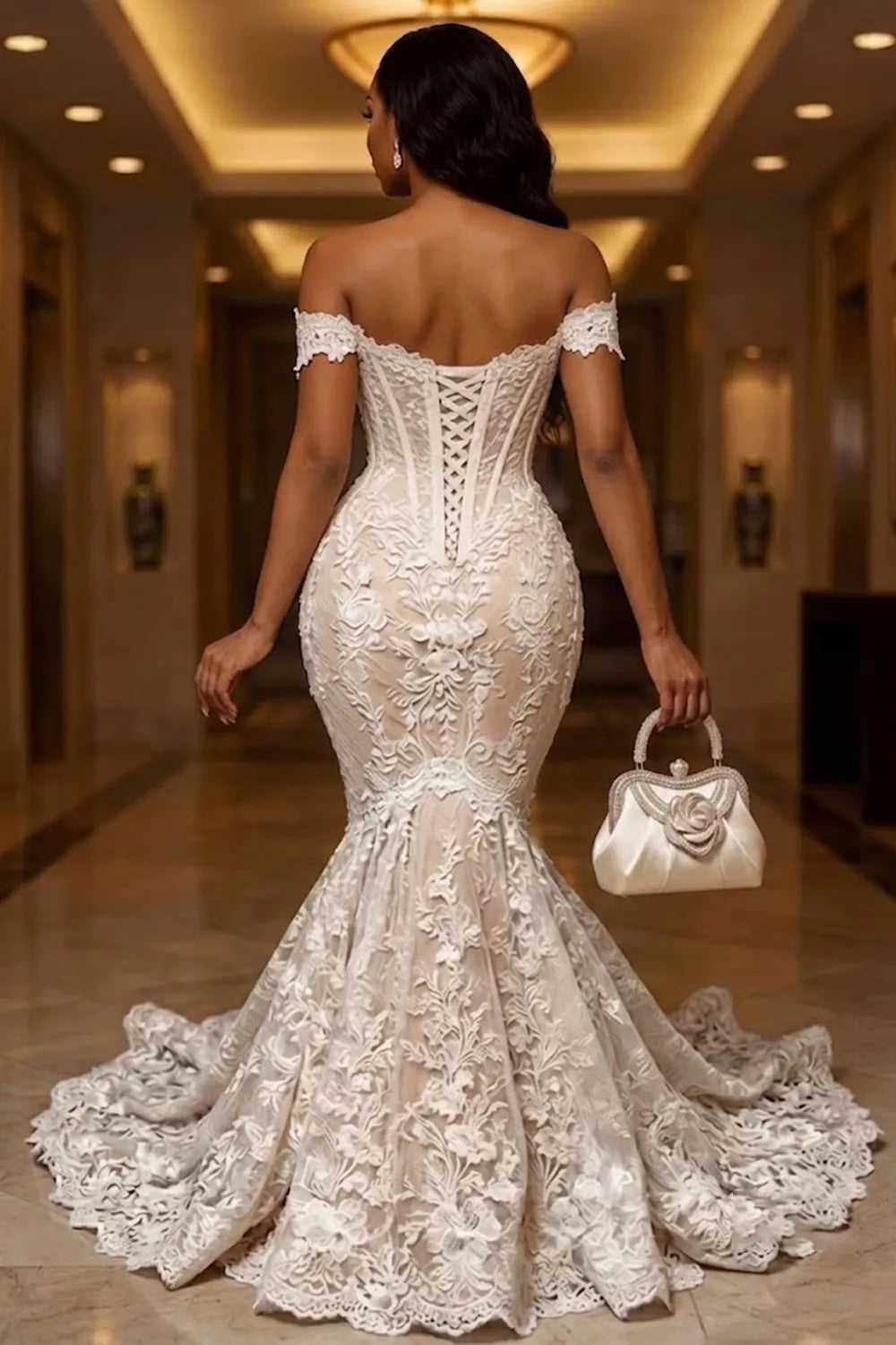 Off Shoulder Floral Lace Corset Mermaid Gowns Maxi Dresses-White [Pre Order]
