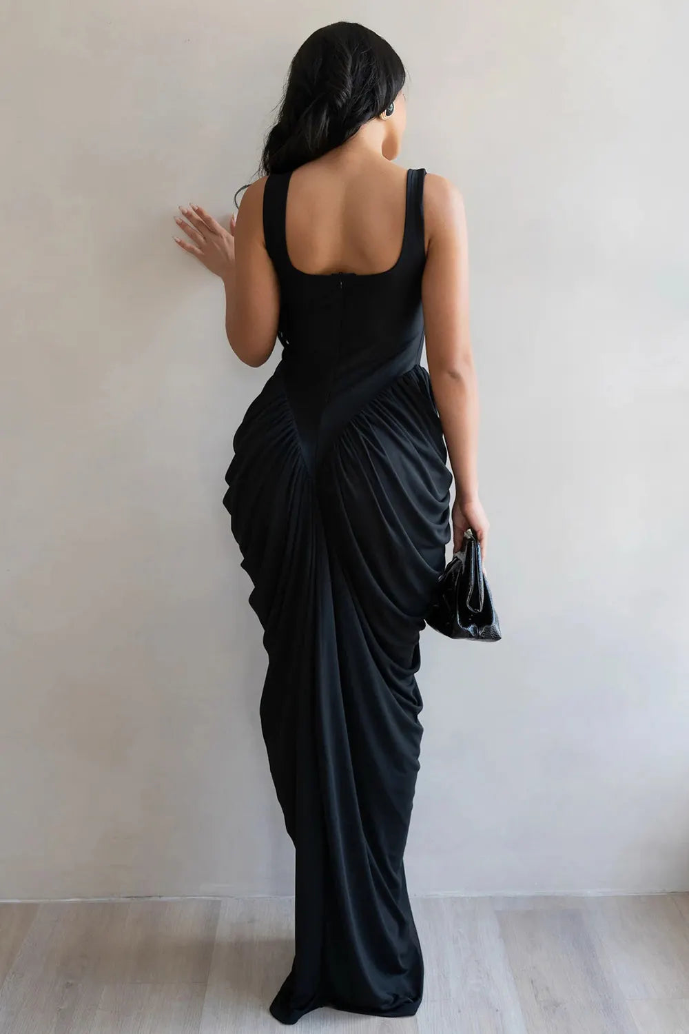 Square Neck Wide Strap Cinched Waist Ruched Bodycon Gowns Maxi Dresses-Yellow