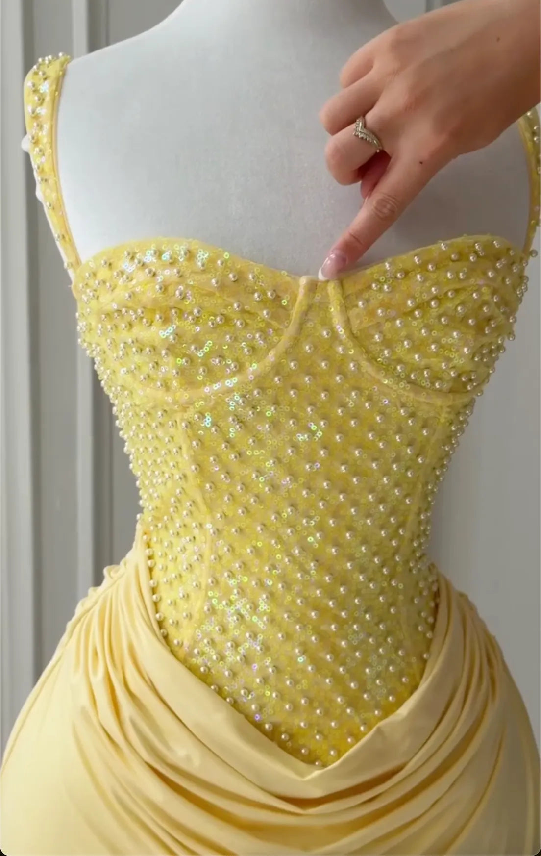 2-Color Pearl & Sequin Corset Mini Dresses - Yellow / White Formal Cocktail Gowns