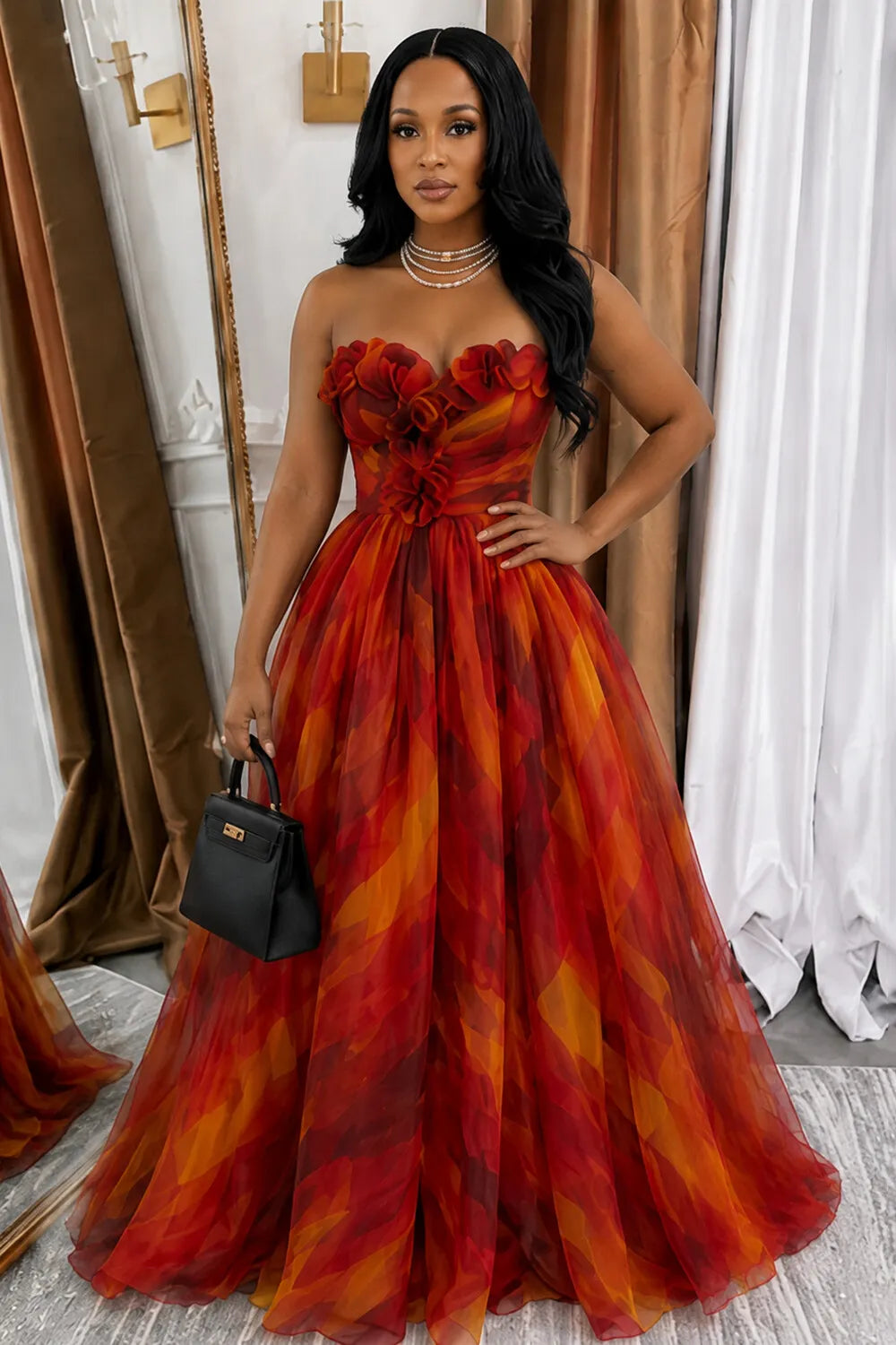 Ombre 3D Floral Strapless Cinch Waist A-Line Maxi Dresses-Orange [Pre Order]