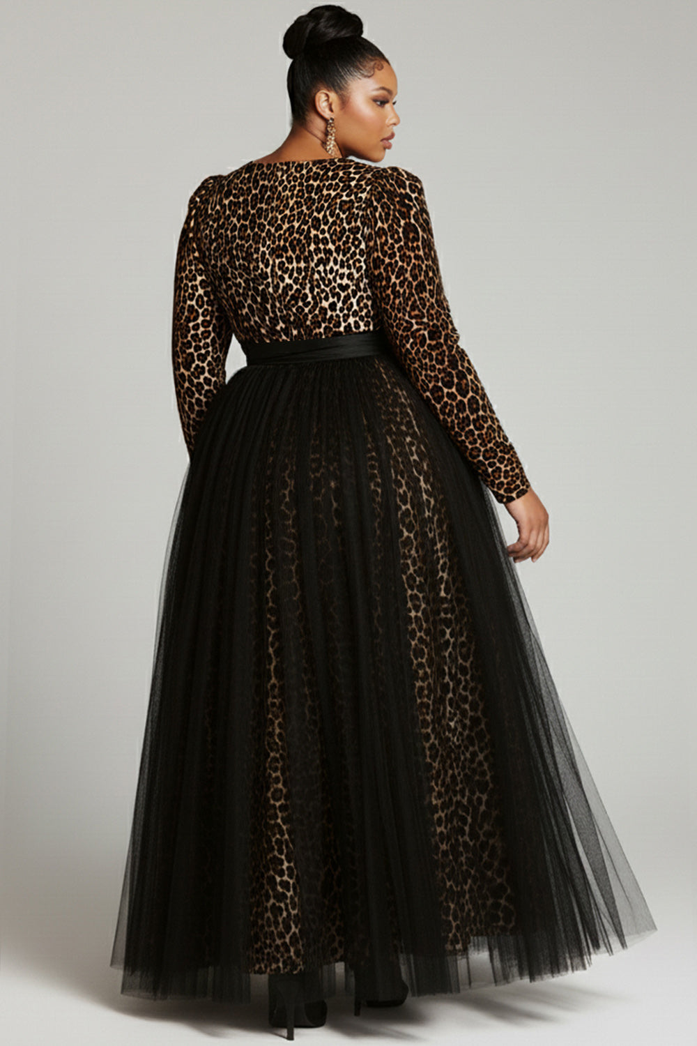 Black Leopard Round Neck Long Sleeve Contrast Elegant Tulle Maxi Dresses