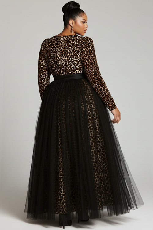 Black Leopard Round Neck Long Sleeve Contrast Elegant Tulle Maxi Dresses