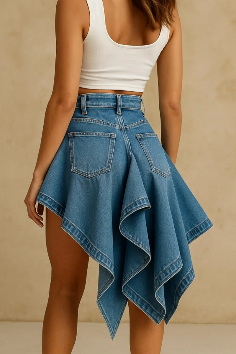 Women's High Waist Irregular Ruffle Layered Denim Skort