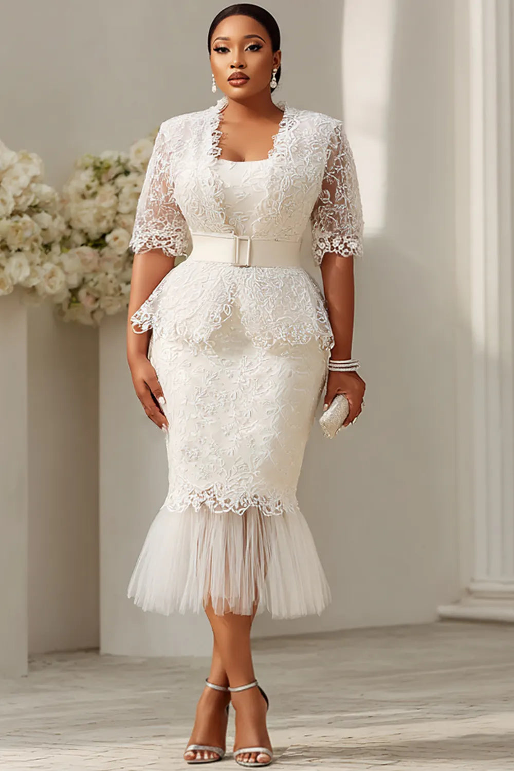 White Short Sleeve Mermaid See Through Lace Two Piece Dress Set