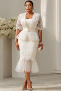 White Short Sleeve Mermaid See Through Lace Two Piece Dress Set