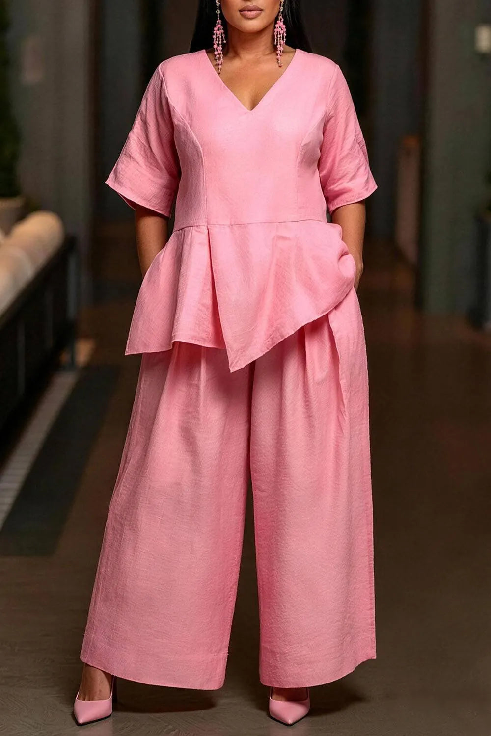 Business Casual Pink V Neck Short Sleeve Pleated Pocket Linen Two Piece Pant Sets