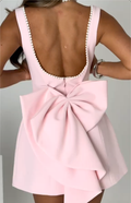 Blush Pink Open Back Party Dress with Pearl Trim & Giant Bow Detail