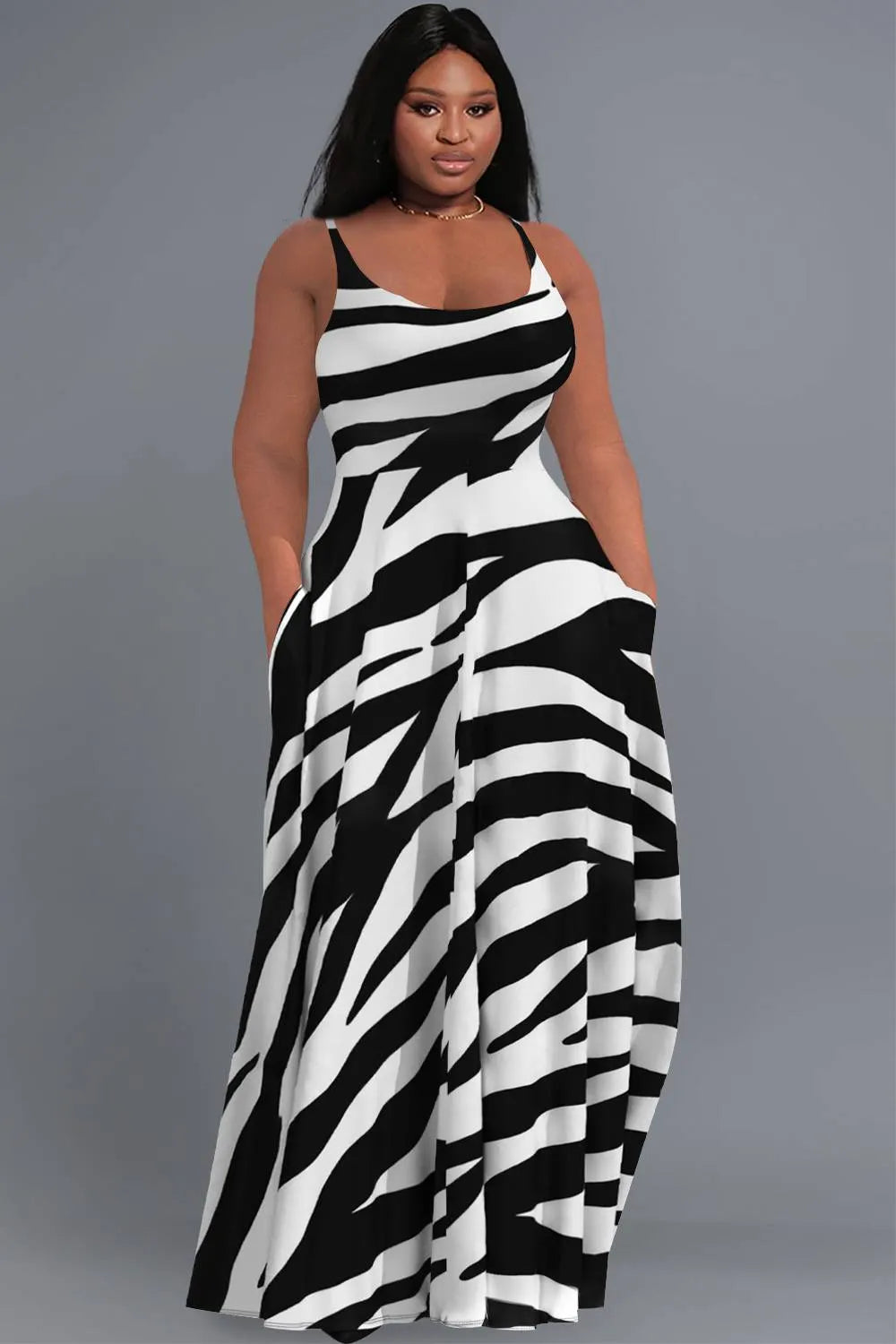 Daily Black Sundress Zebra Print Round Neck Pocket Maxi Dresses