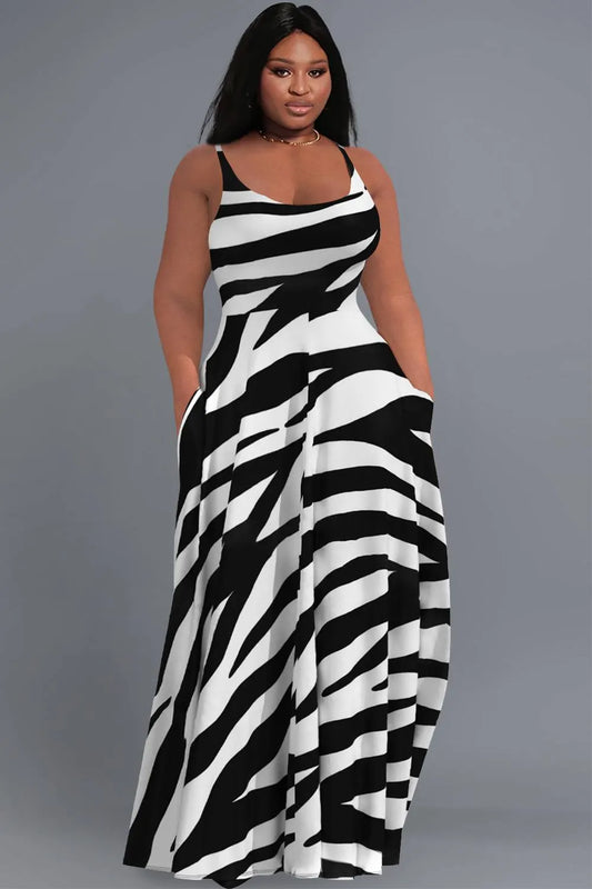 Daily Black Sundress Zebra Print Round Neck Pocket Maxi Dresses