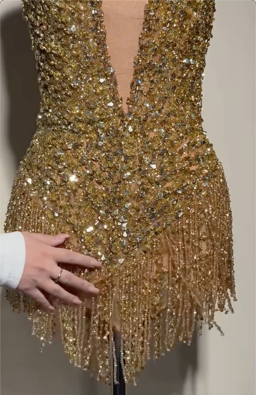 Gold Crystal Halter Neck Mini Cocktail Dress, Deep V Neck Fringe Sheer Mesh Party Dress