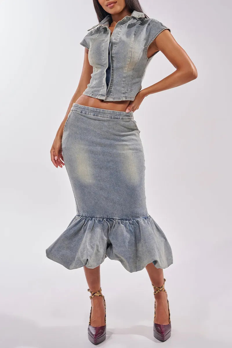 Women's Lapel Necktie Cap Sleeve Fitted Cropped Denim Shirt Or High Waist Bodycon Ruffle Flare Mermaid Denim Midi Skirt