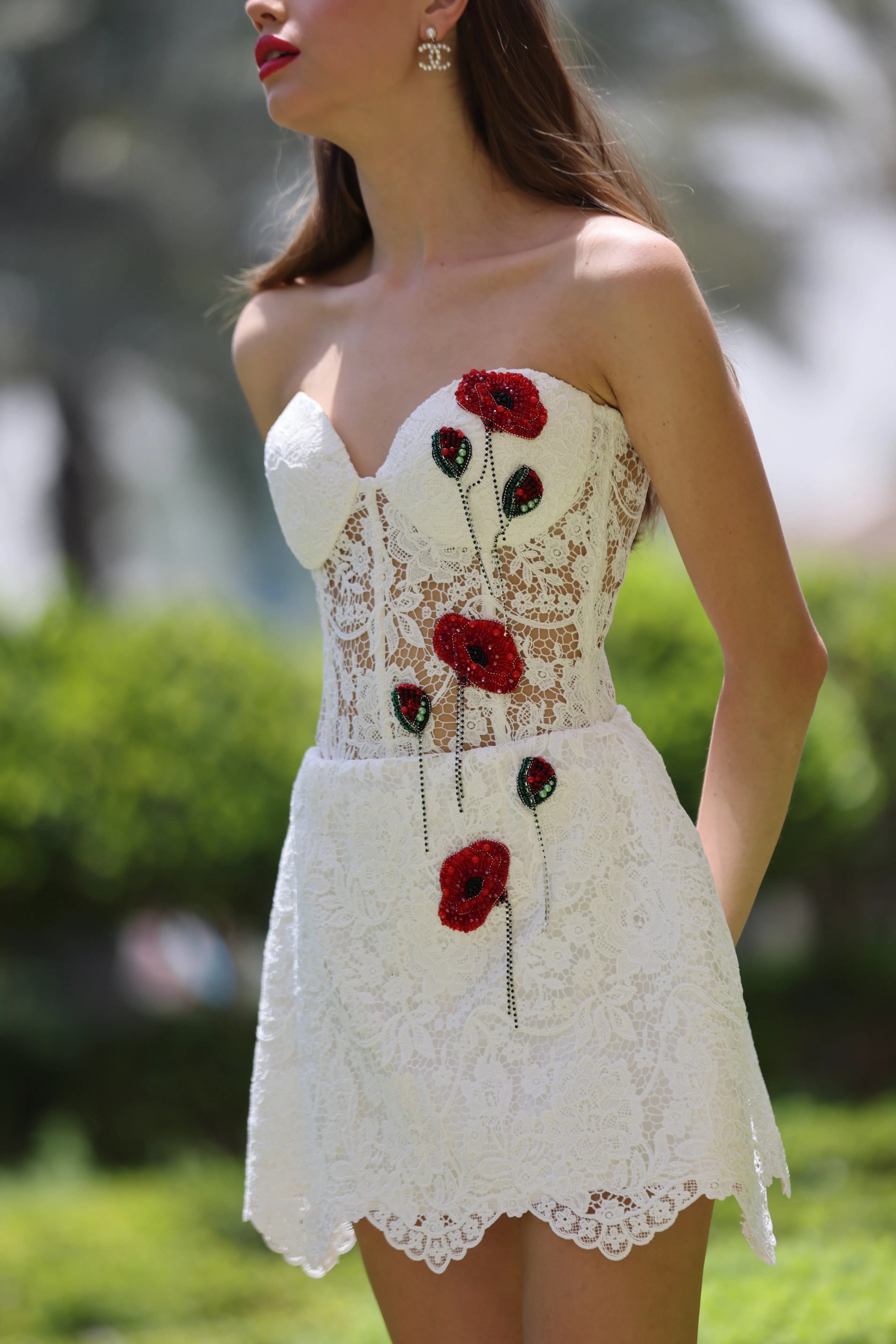 White Lace Strapless Mini Dress with Poppy Appliqué