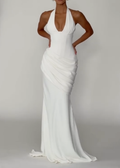 White Halter Neck Deep V Corset Lace-Up Draped Ruched Mermaid Maxi Wedding Dress