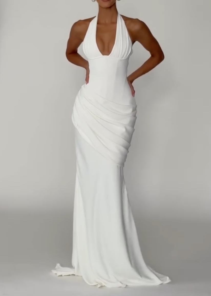 White Halter Neck Deep V Corset Lace-Up Draped Ruched Mermaid Maxi Wedding Dress