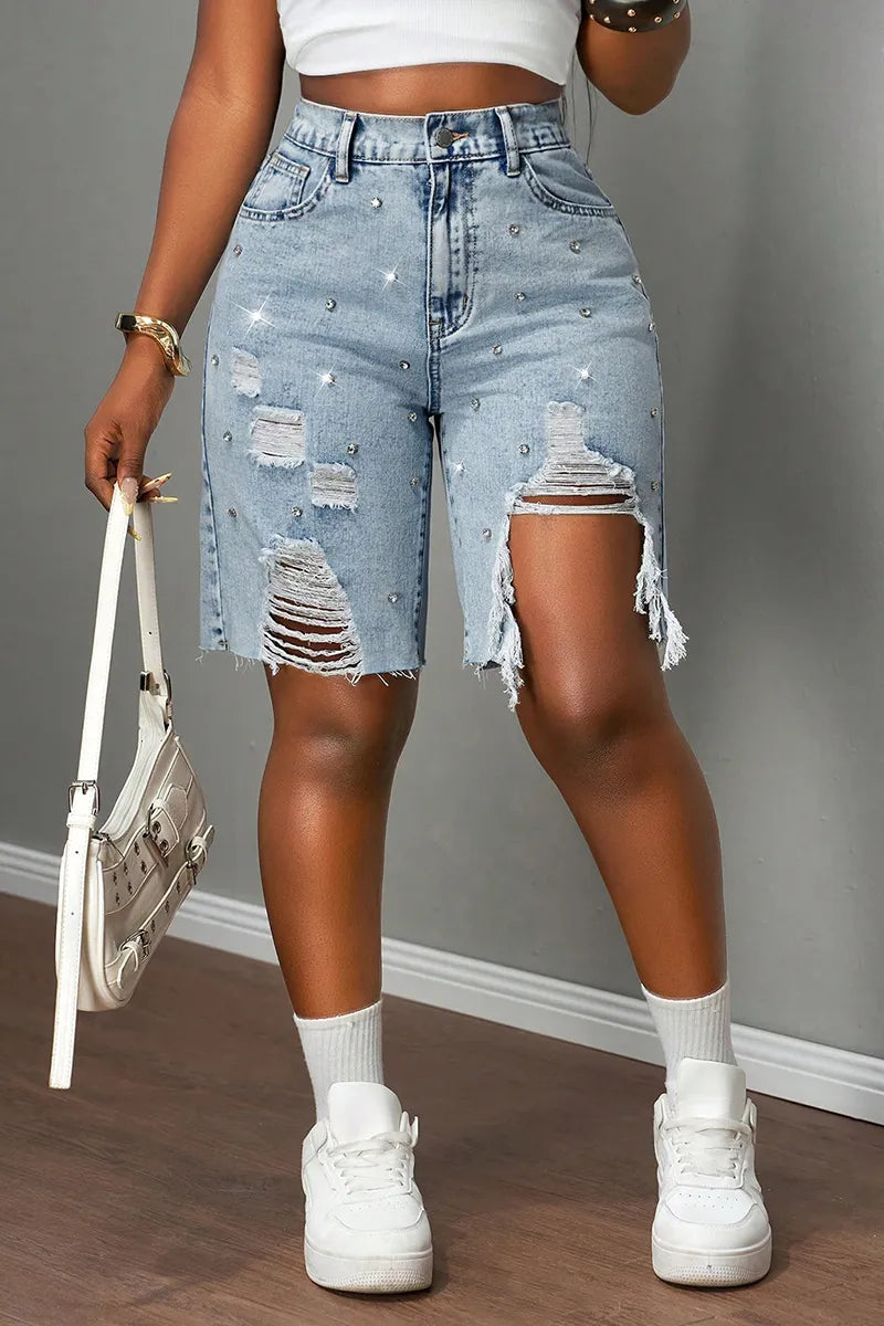 Ladies' Summer Hot Selling Casual Rhinestone Ripped Denim Shorts