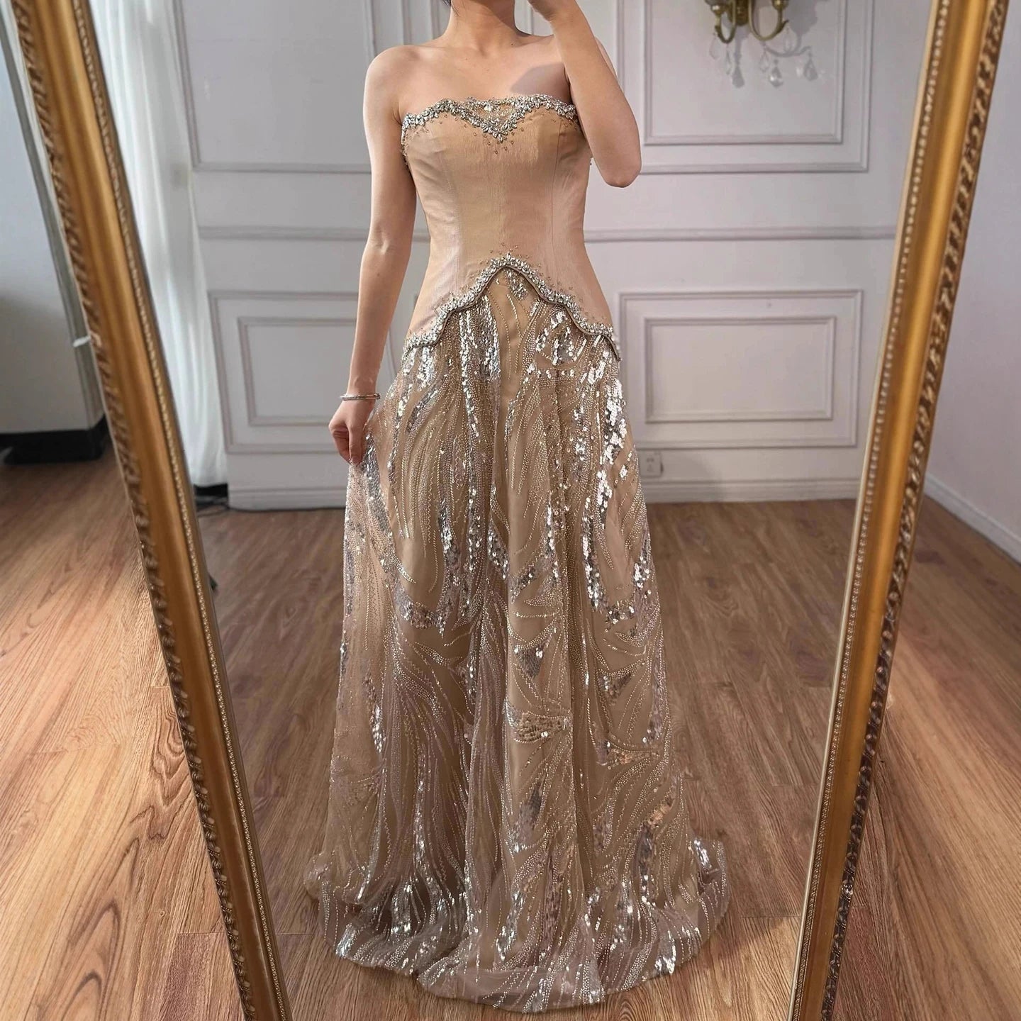 Women's Champagne Glitter Embellished Corset Maxi Dress