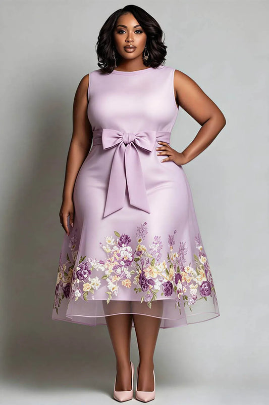 Wedding Guest Purple Floral Round Neck Bow Tie Midi Dresses
