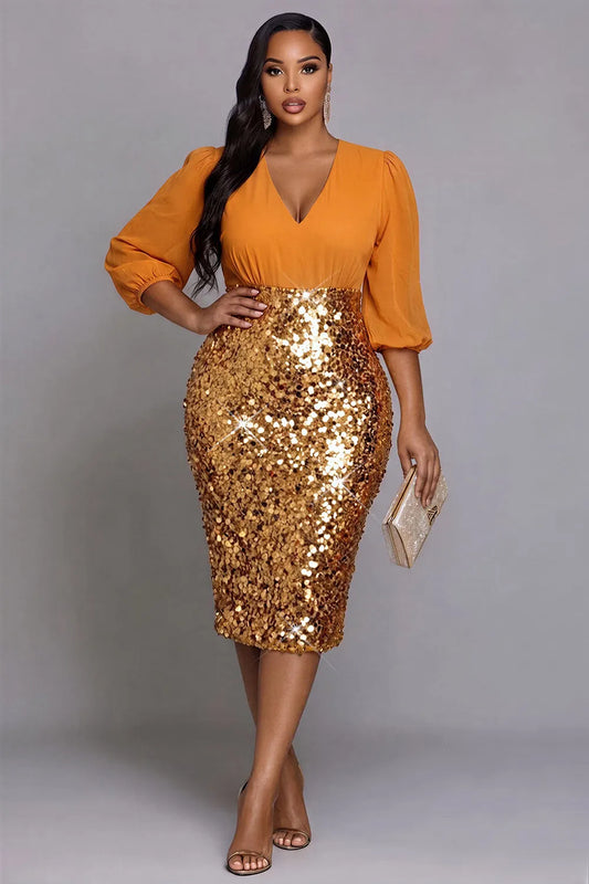 Cocktail Party Chiffon Khaki V Neck Lantern Sleeve Half Sleeve Contrast Bodycon Sequin Midi Dresses