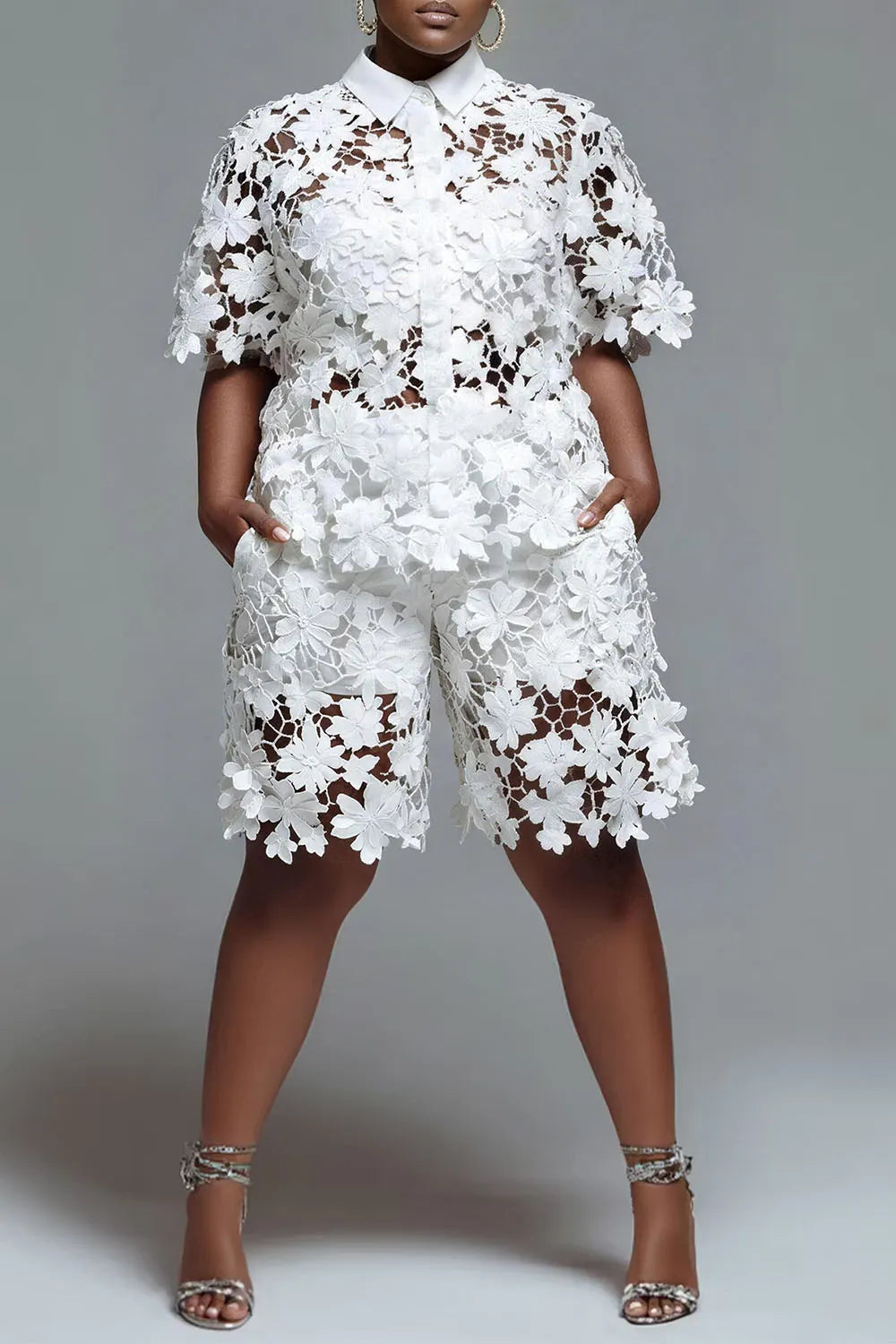 Daily Casual White Shirt Collar Short Sleeve Pocket Contrast Lace Two Piece Short Sets