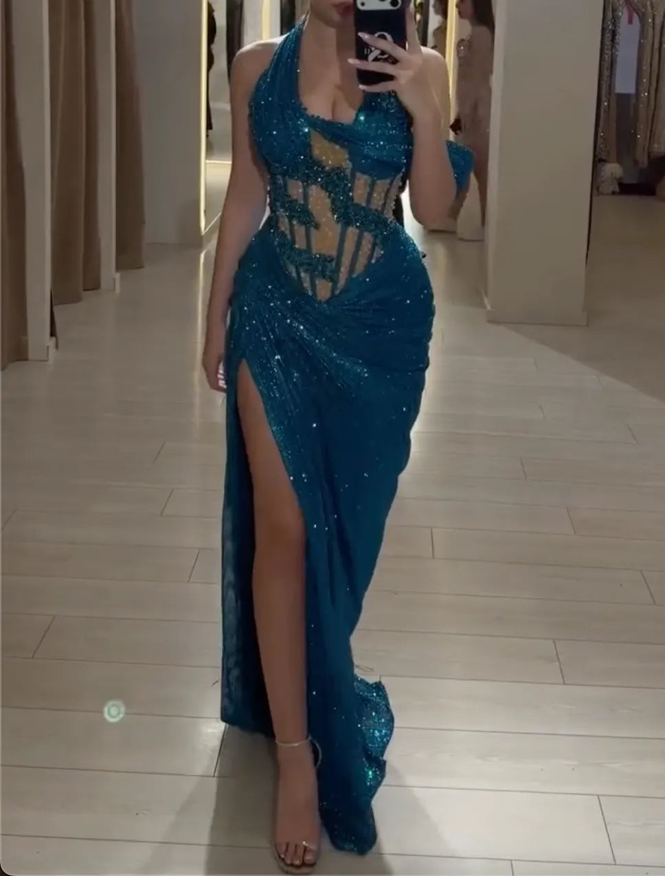 Teal Halter Neck Sequin Mermaid Maxi Evening Gown - Corset Bodice High Slit Formal Dress