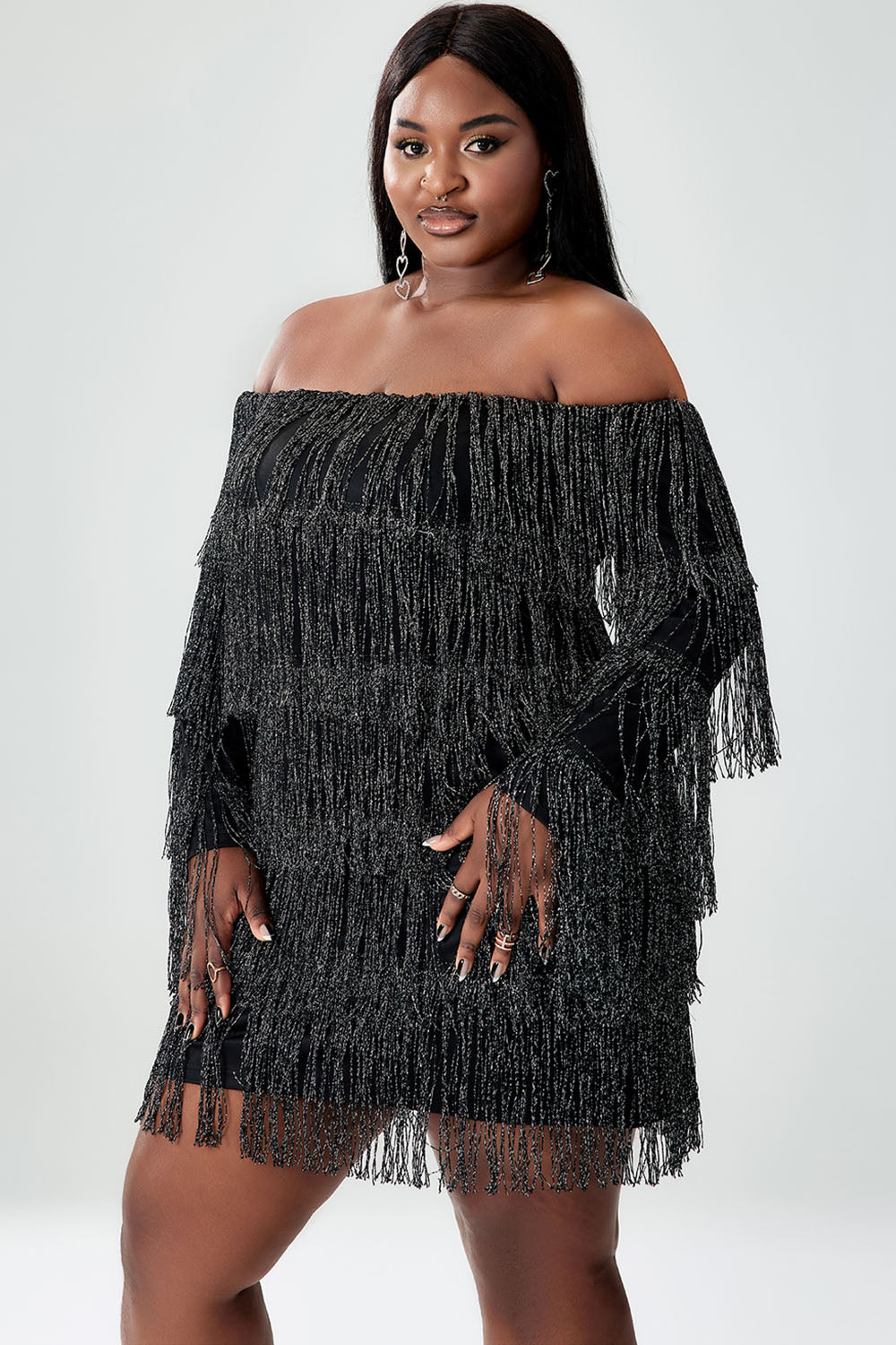 Party Black Off The Shoulder Fringe Mini Dress