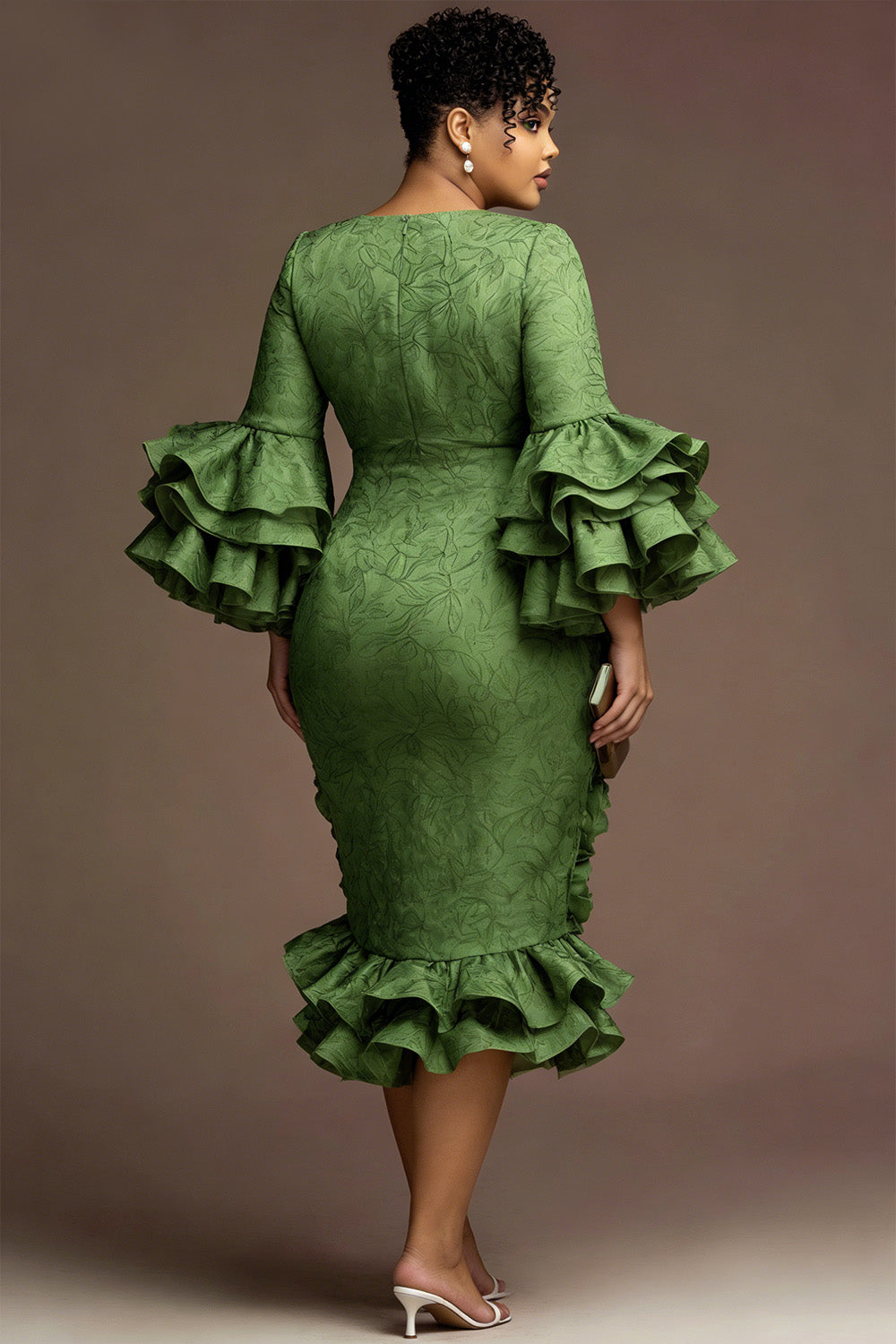 Green Round Neck Flare 3/4 Sleeve 3D Ruffle Satin Midi Dresses