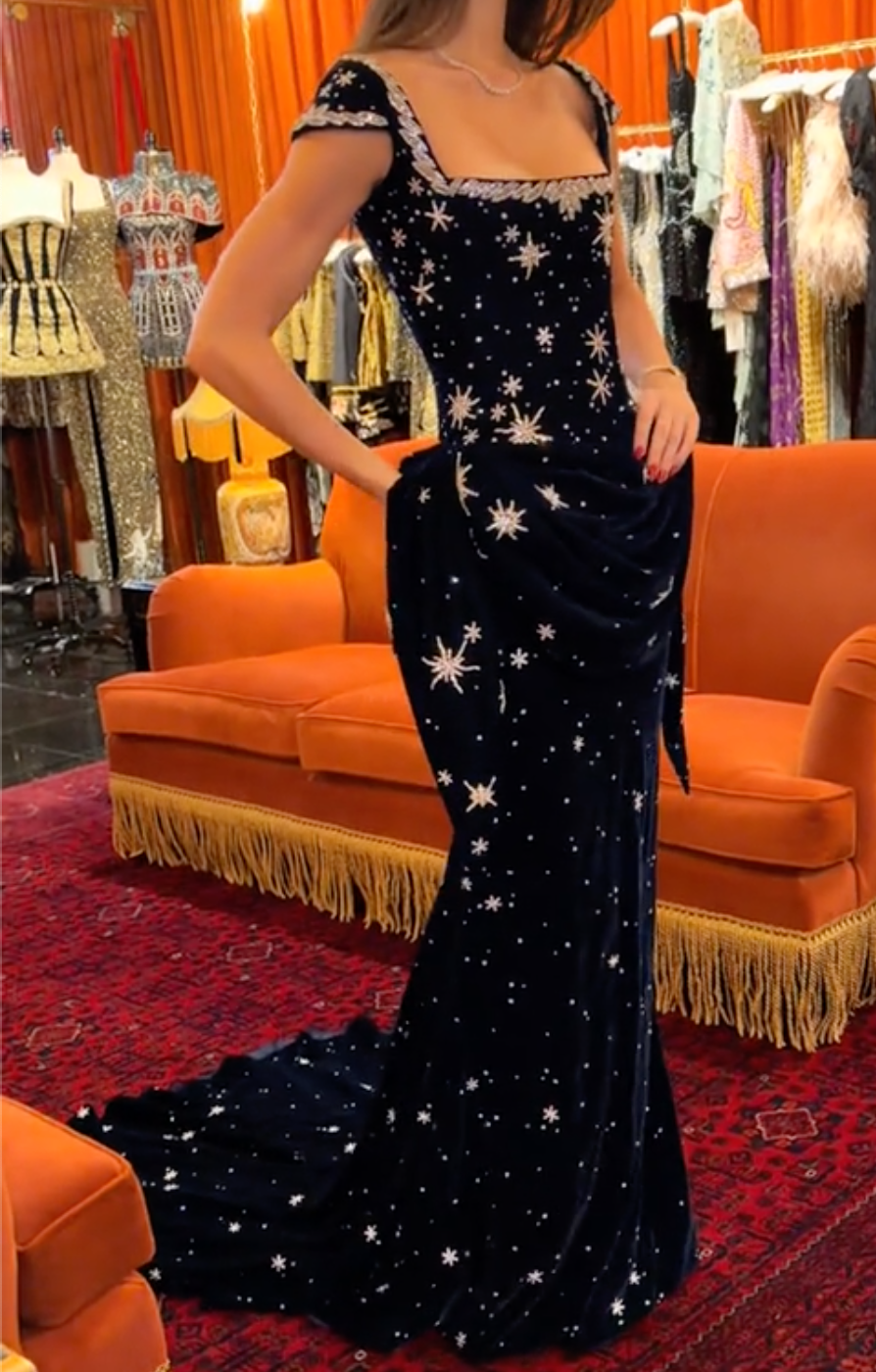 Navy Velvet Starburst Beaded Qipao Mini/Maxi Dress with Capelet Detail
