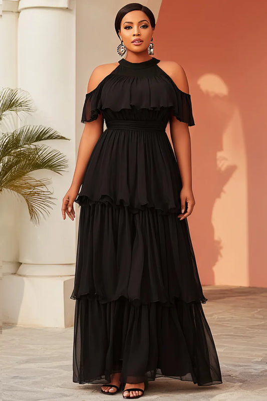 Cocktail Party Black Halter Collar Cold Shoulder Short Sleeve Ruffle Tiered Chiffon Maxi Dresses