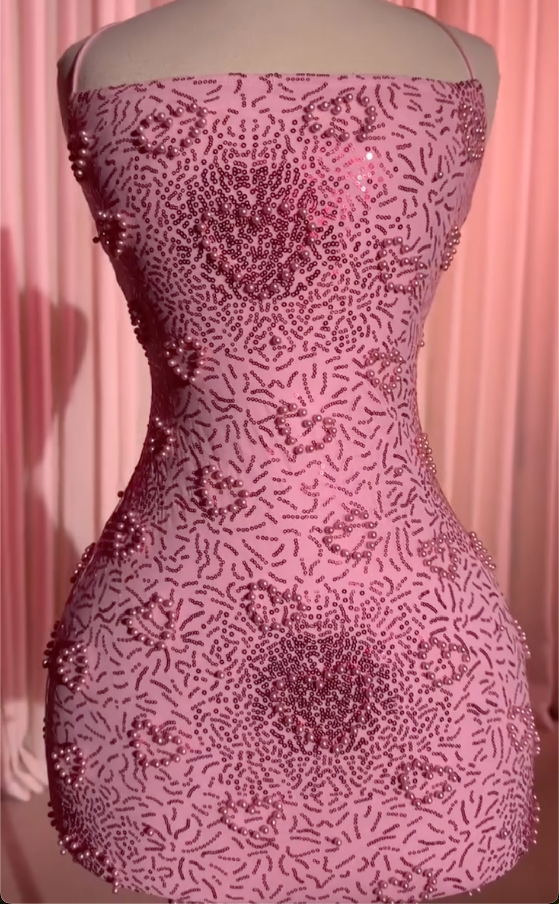 Pink Ombre Beaded Halter Neck Mini Dress - Formal Party Gown