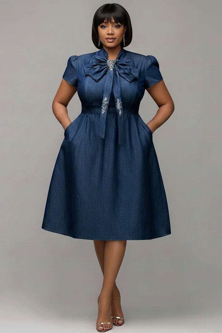 Xpluswear Design Plus Size Business Casual Blue Short Sleeve Pocket Bow Tie Tencel Denim Midi Dresses
