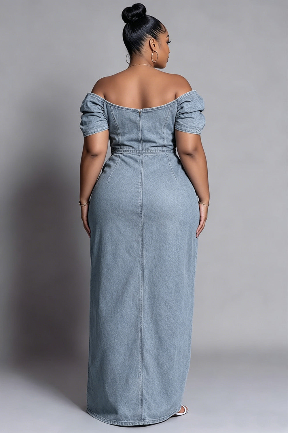 Xpluswear Design Plus Size Party Blue Off The Shoulder Split Tencel Denim Maxi Dresses