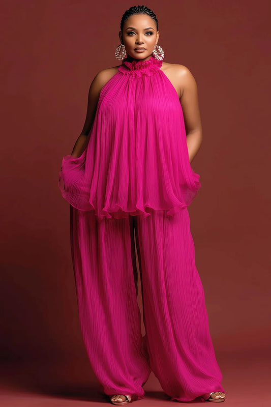 Party Sundress Hot Pink Mock Neck Pocket Wide Leg Chiffon Two Piece Pant Sets