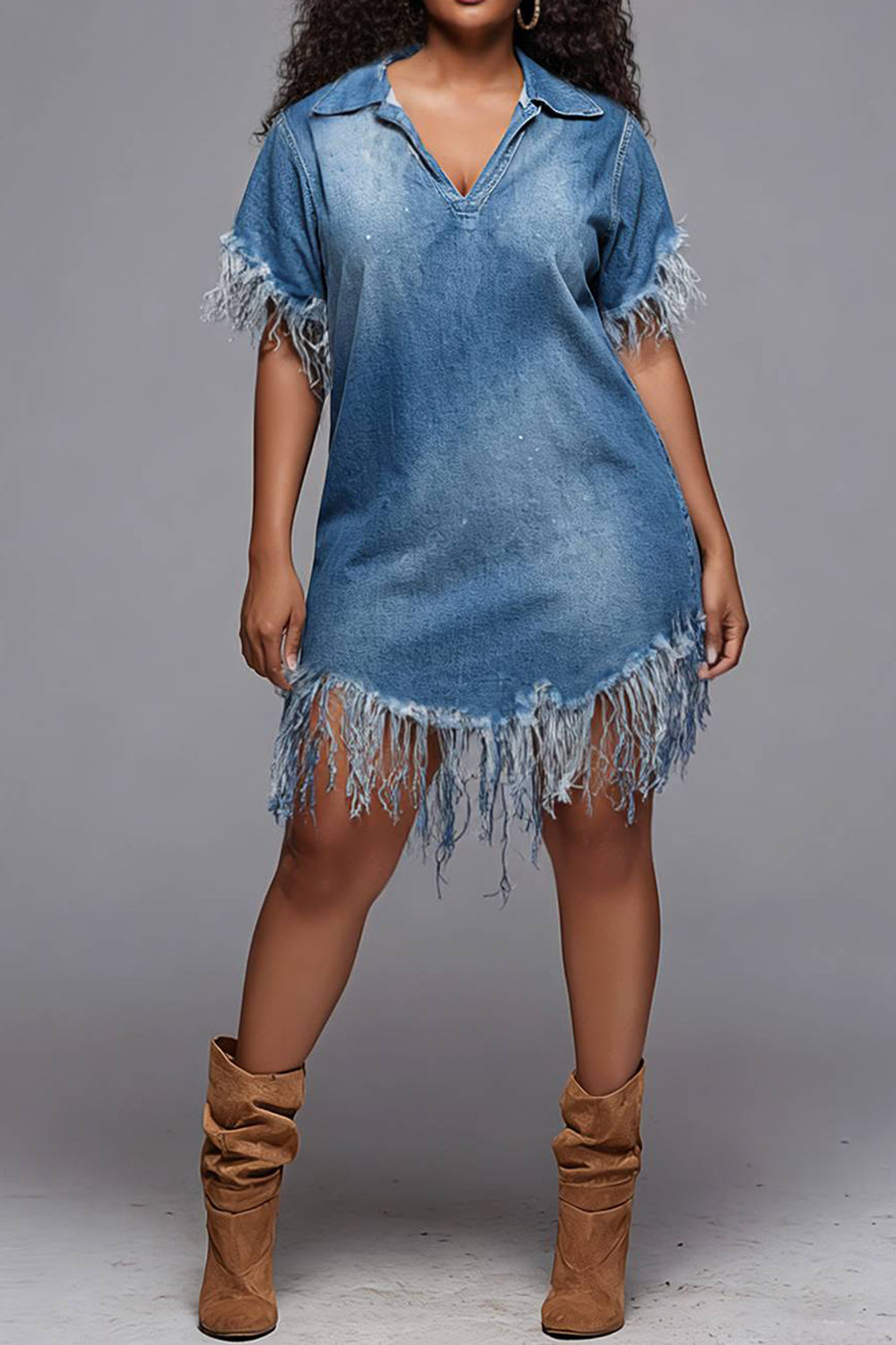 Xpluswear Design Plus Size Party Vintage Blue V Neck Short Sleeve Strappy Denim Mini Dresses