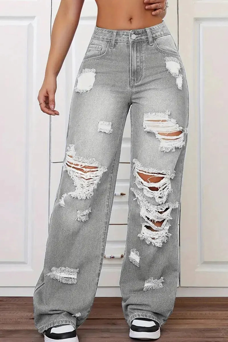 Women's Versatile Washed High-Waisted Loose Jeans