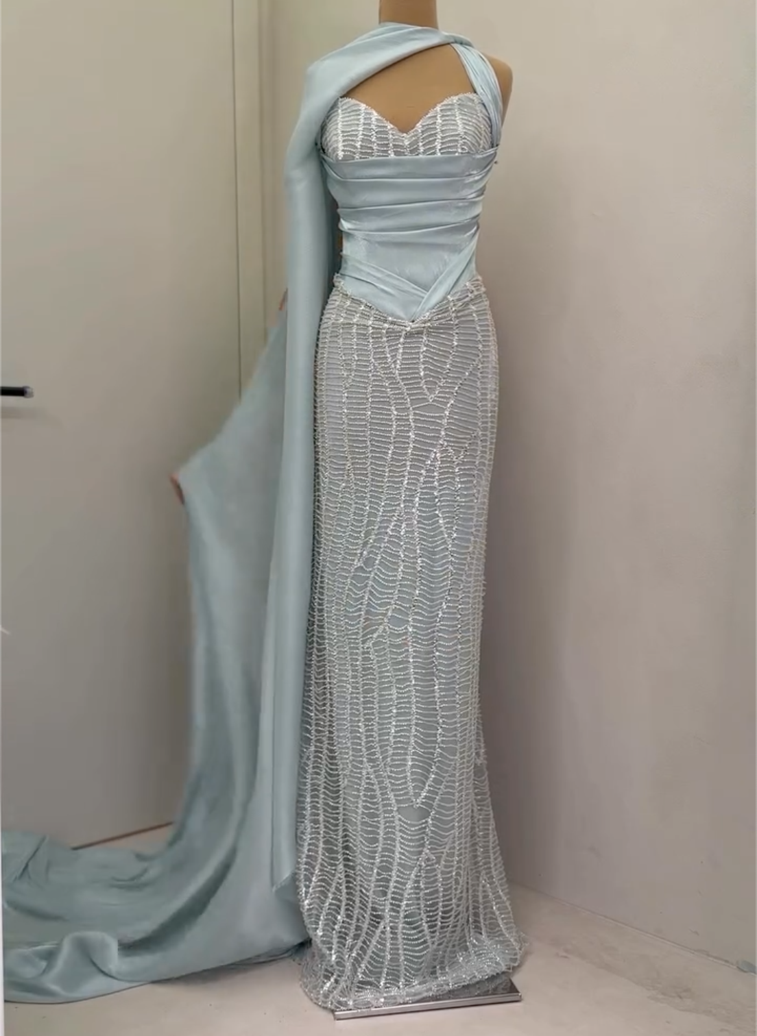 Light Blue One-Shoulder Ruched Beaded Mermaid Evening Gown