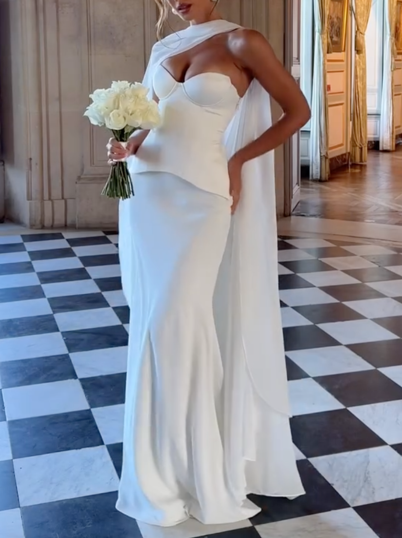 White Sweetheart Neck Satin Corset Top Mermaid Skirt Wedding Dress With Flowing Chiffon Cape