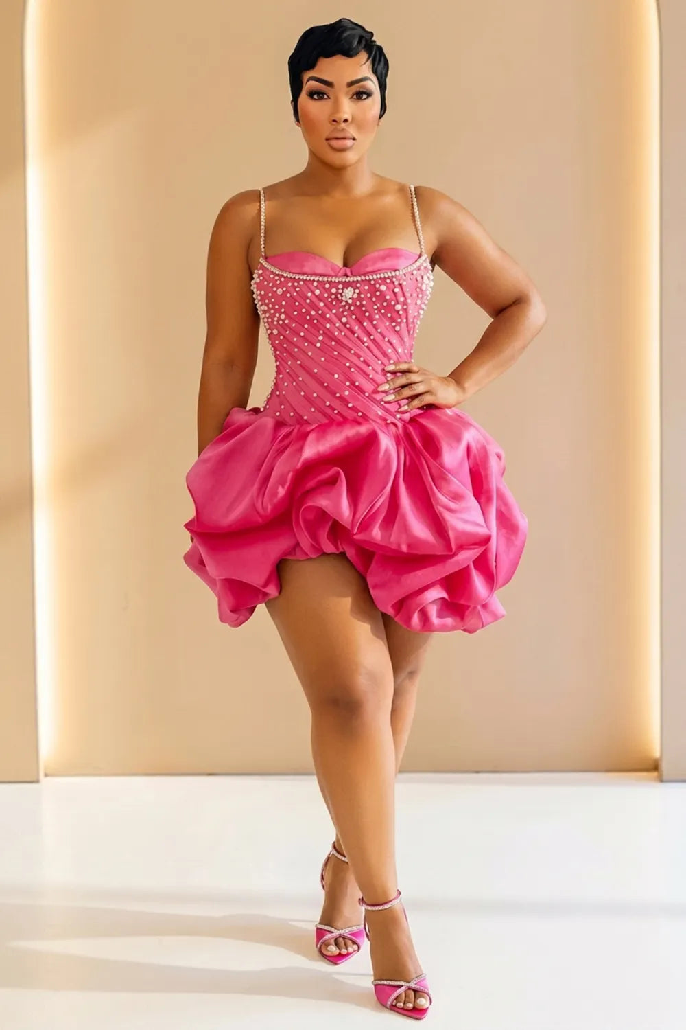Cami Neck Rhinestone Bubble Hem Party Mini Dresses-Fuchsia [Pre Order]