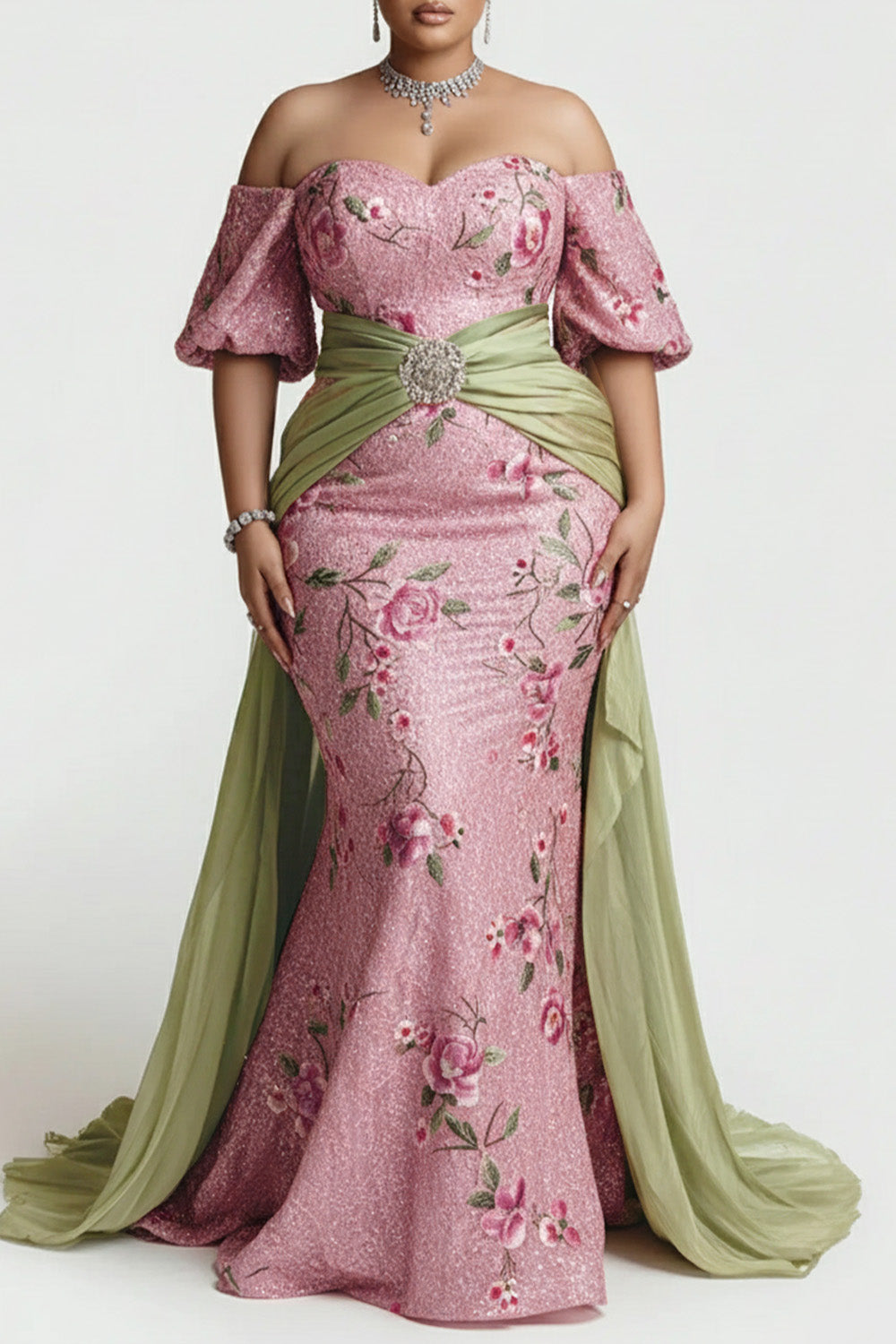 Organza Pink Floral Off The Shoulder Short Sleeve With Skirt Overlay Satin Maxi Dresses